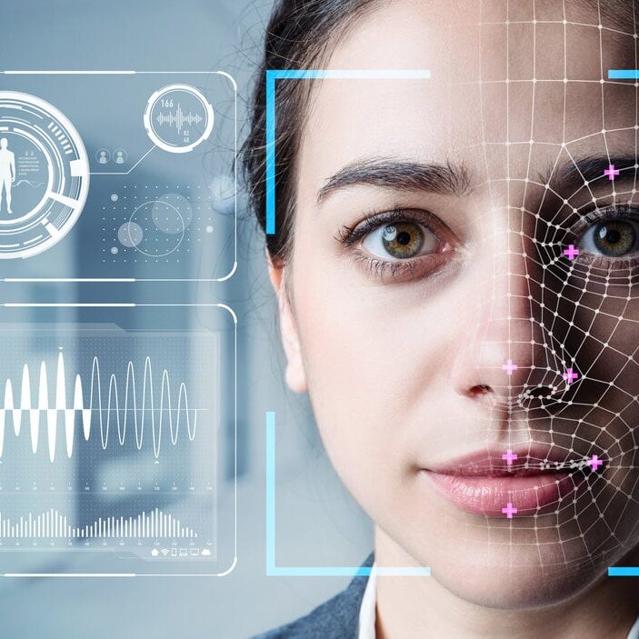 Authentication by facial recognition concept. Biometric. Security system.